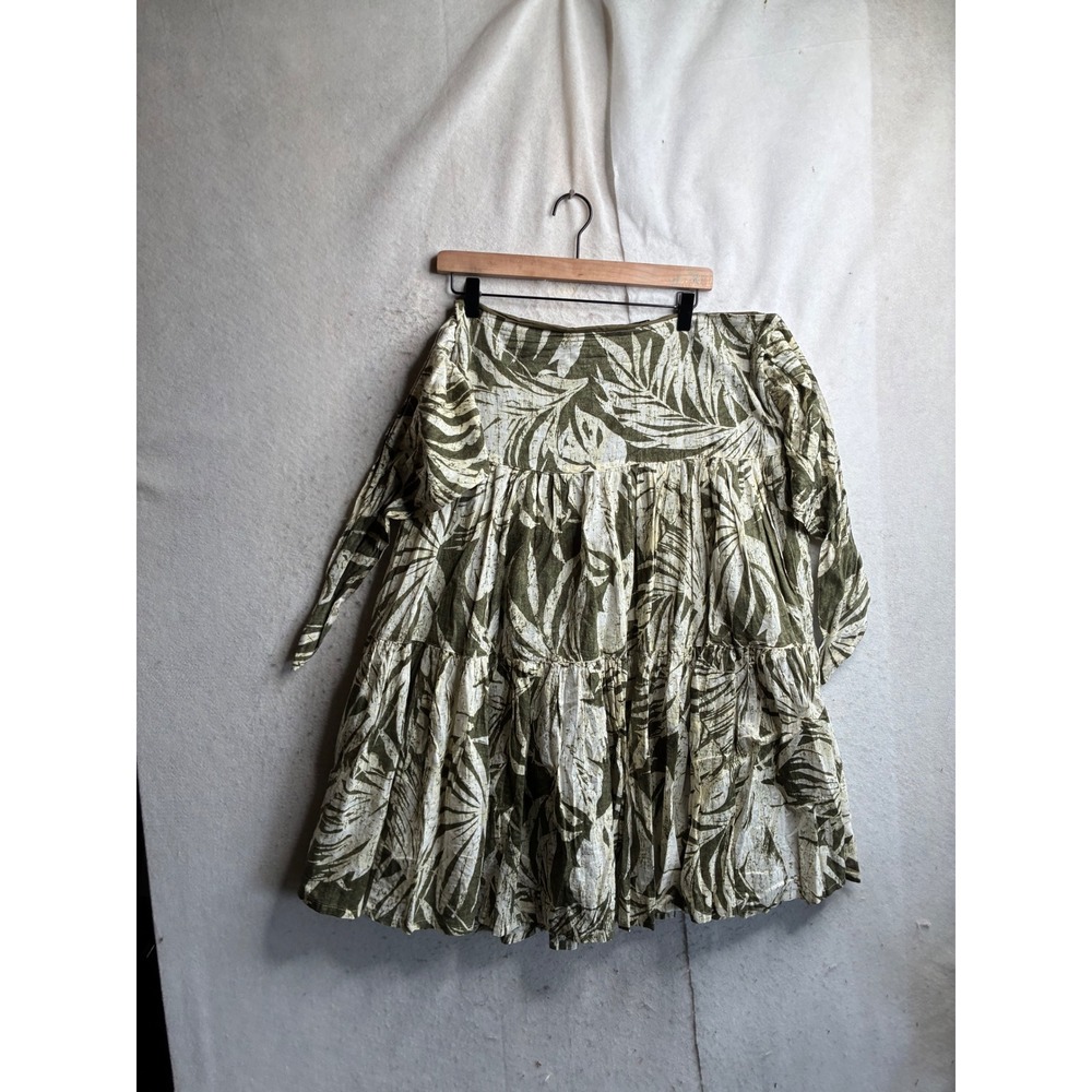 Lauren Ralph Lauren Olive Green Tropical Palm Leaf Tiered Cotton Midi Skirt 10